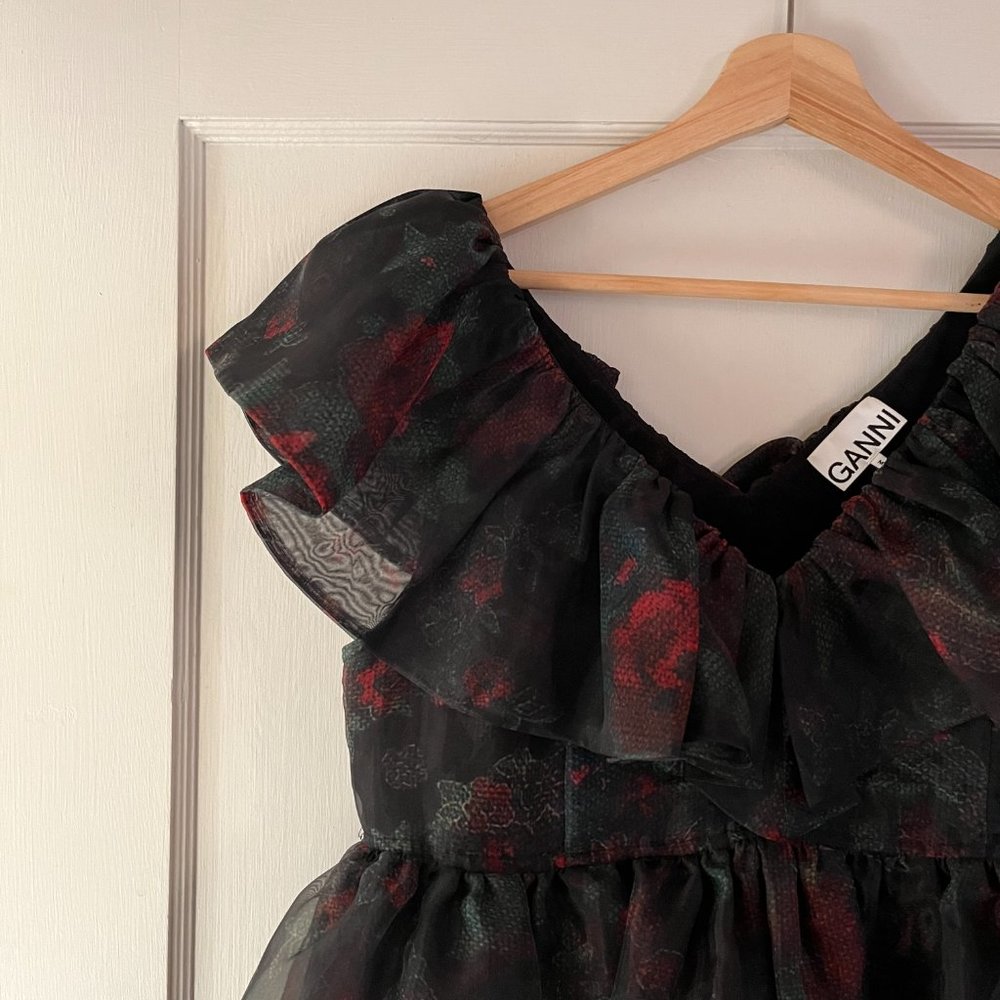 Tiered Rose-Print Organza Dress - Black Red | Size: M | US 6 | UK36 - Picture 7 of 11